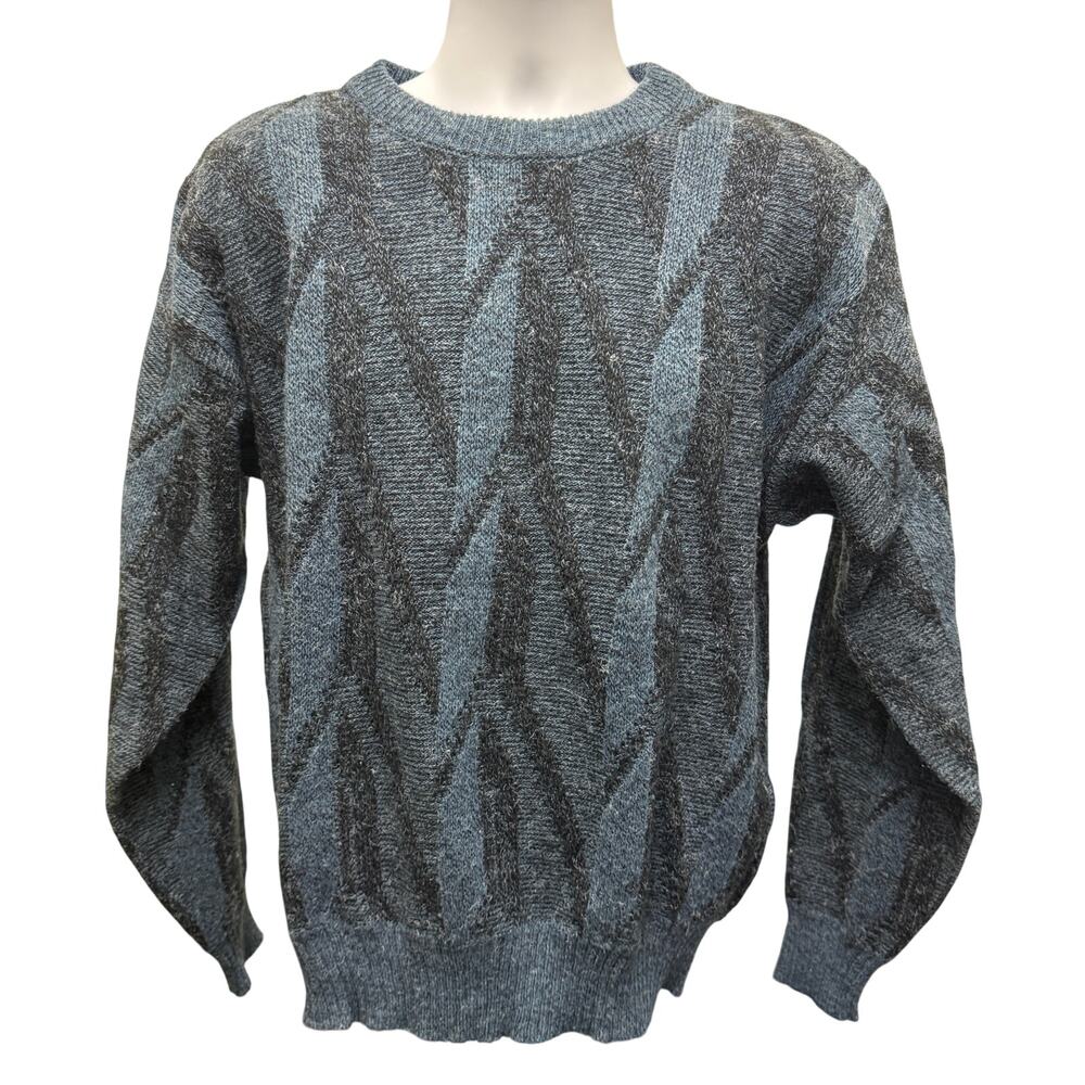 VTG Peter England Crewneck Sweater Mens Large Black Blue 3D Grandpa Geometric